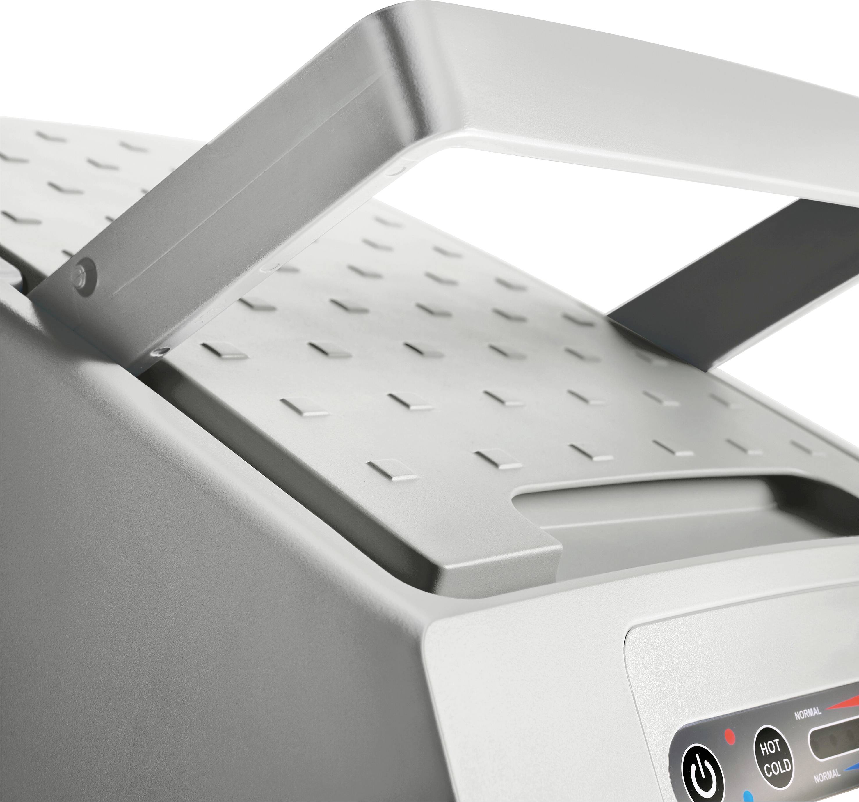 Een moderne waterkoeler met een handgreep bovenaan en een bedieningspaneel aan de voorkant met knoppen voor warm en koud water.