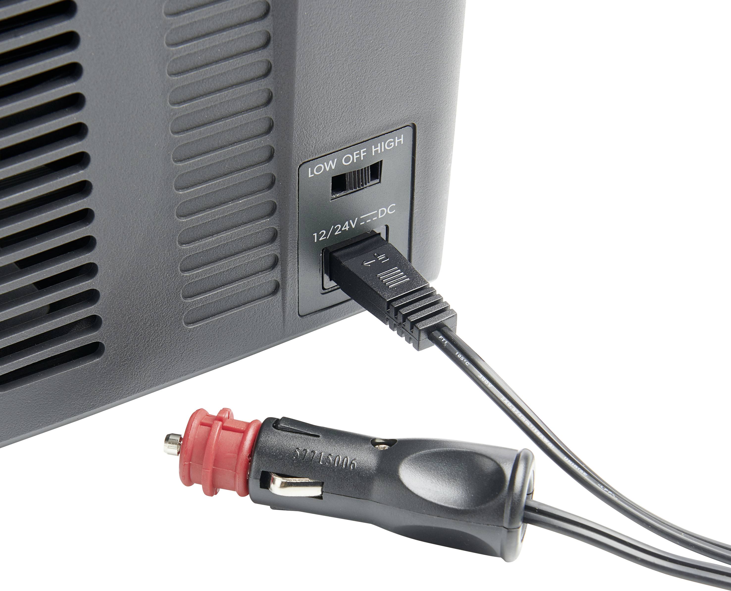 Voedingsaansluitapparaat met schakelaar voor lage, uit en hoge vermogensinstellingen. Kabel met autoadapter voor 12/24V-DC-aansluiting.