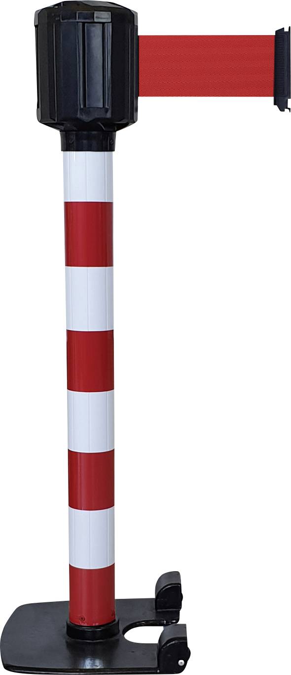 Een rood-wit gestreepte afzetpaal met uittrekbaar lint voor het scheiden van gebieden.