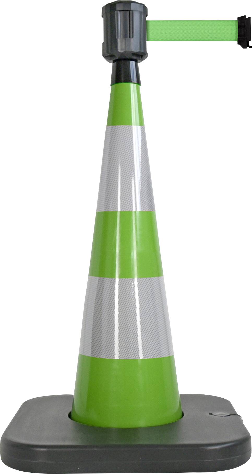 Een groene verkeerskegel met reflecterende witte strepen en een groene afzetting, op een vierkante zwarte voet.
