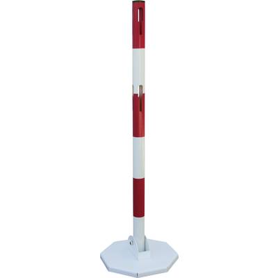 Een rood-wit gestreepte afzetpaal met een achthoekige voet, gebruikt voor het afsluiten of markeren van gebieden.