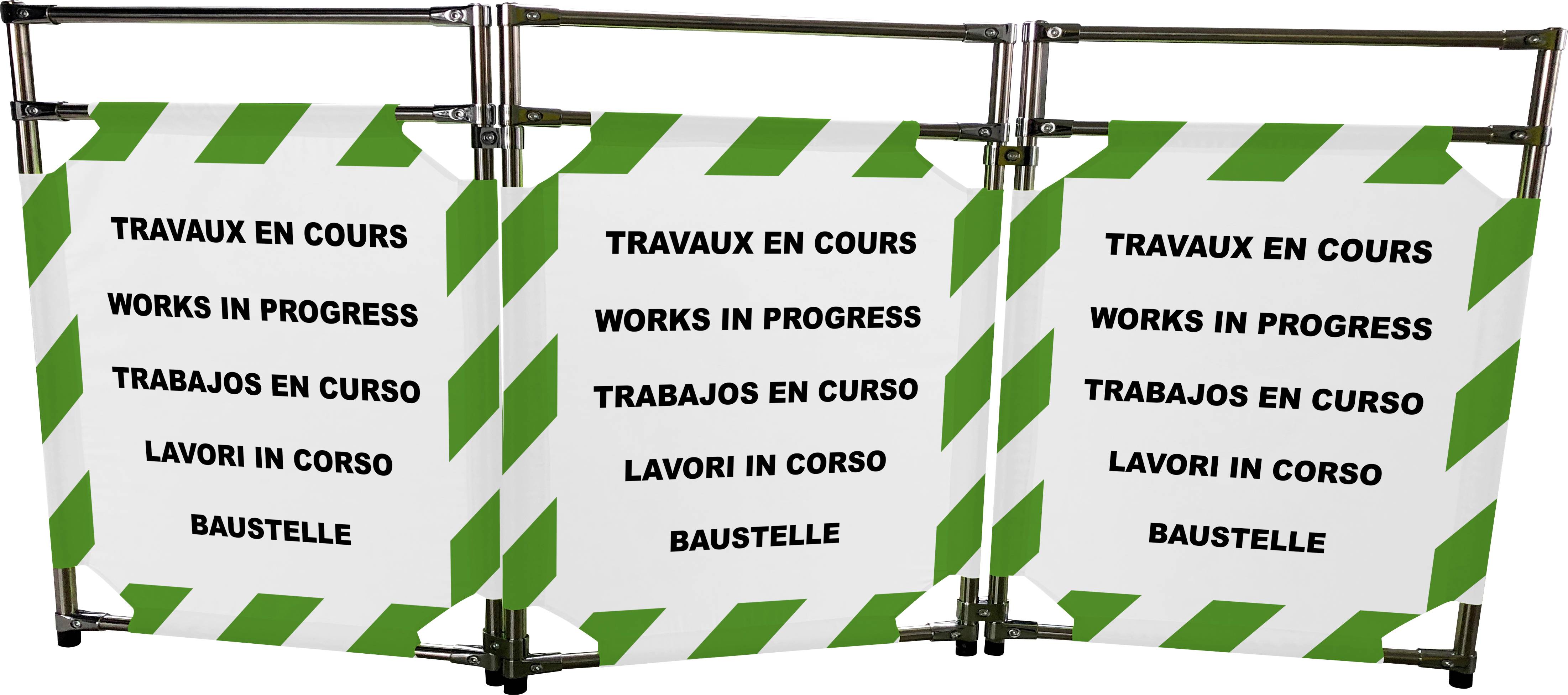 Drie borden met de tekst 'Werkzaamheden in uitvoering' in meerdere talen, waaronder Frans, Engels, Spaans, Italiaans en Duits.
