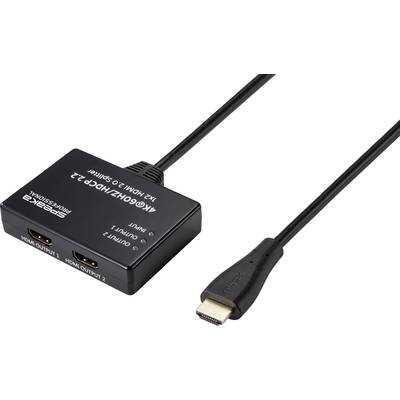 Een HDMI-splitter met twee uitgangen en een ingangskabel, geschikt voor 4K60Hz en HDCP 2.2, ligt op een witte achtergrond.