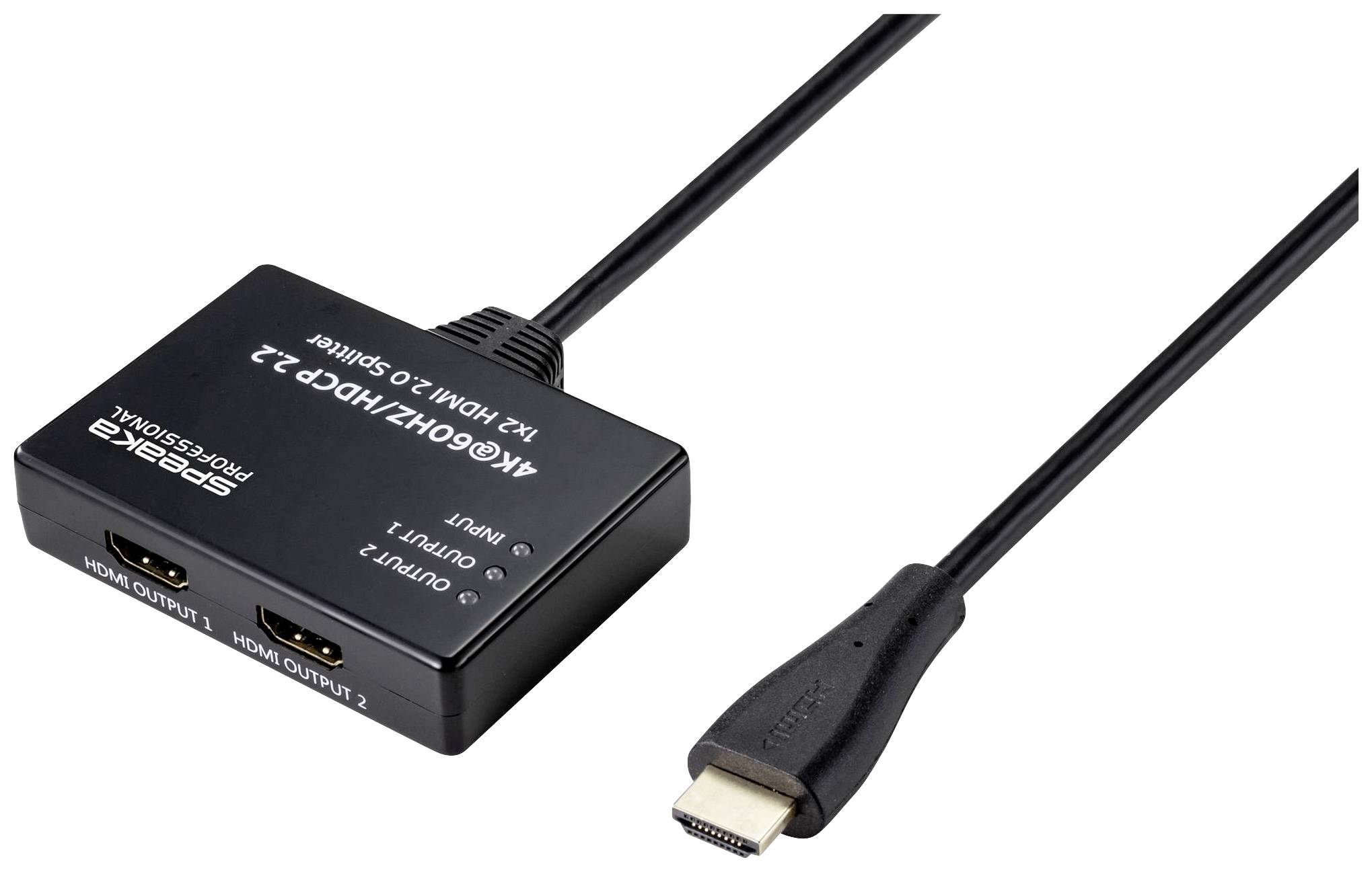 Een HDMI-switch met twee uitgangen en één ingang, geschikt voor 4K @ 60Hz. Verbindt meerdere HDMI-bronnen met één scherm.
