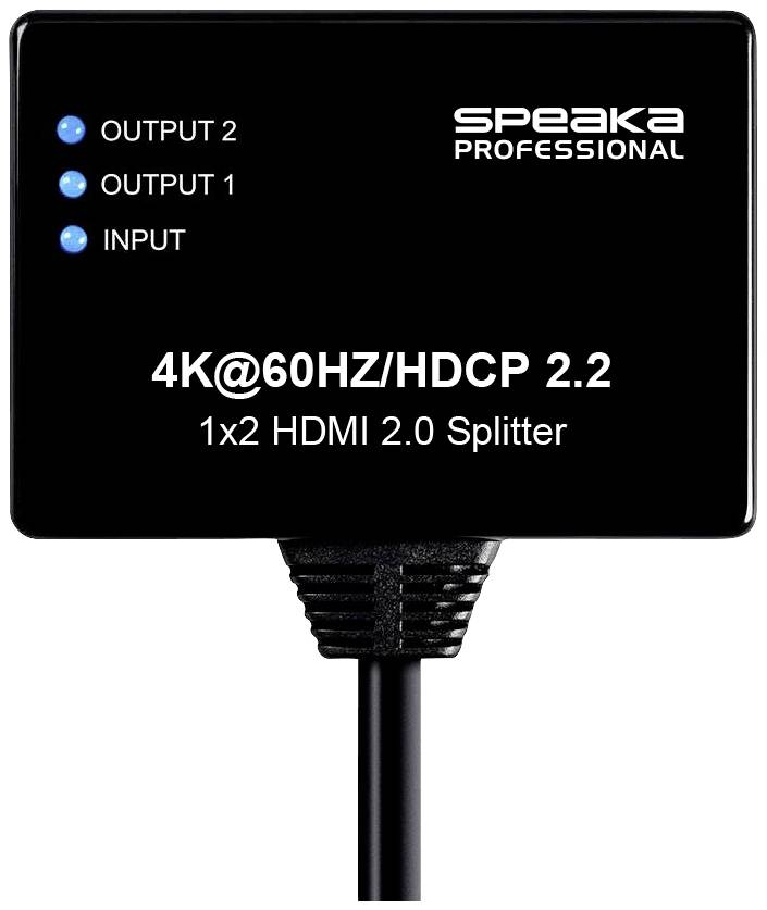 'Speaka Professional 1x2 HDMI 2.0 Splitter' toont één ingangs- en twee uitgangsaansluitingen, ondersteunt 4K@60Hz/HDCP 2.2.