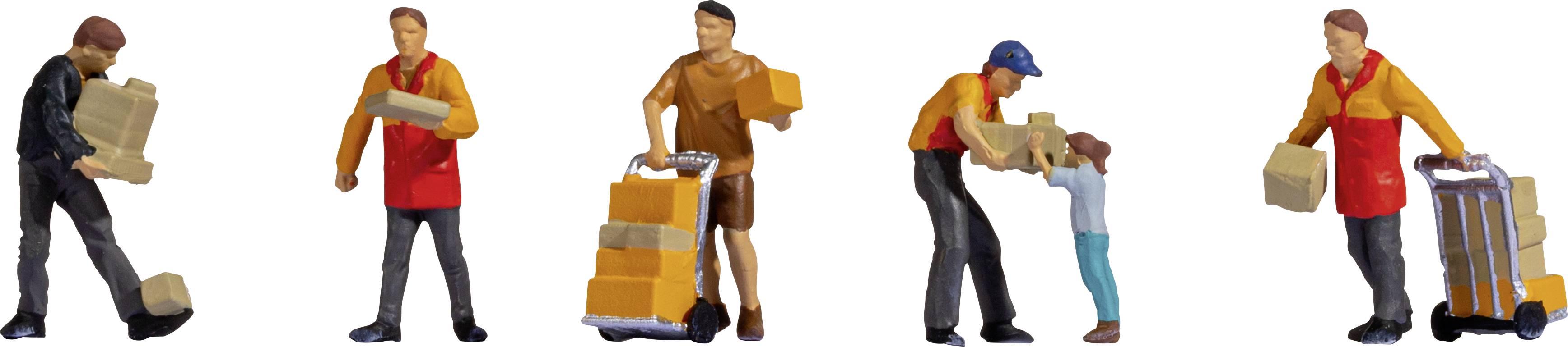 Speelgoedfiguren in verschillende beroepen: Bezorger met pakketten, arbeider met kar, vader en kind, man met trolley.
