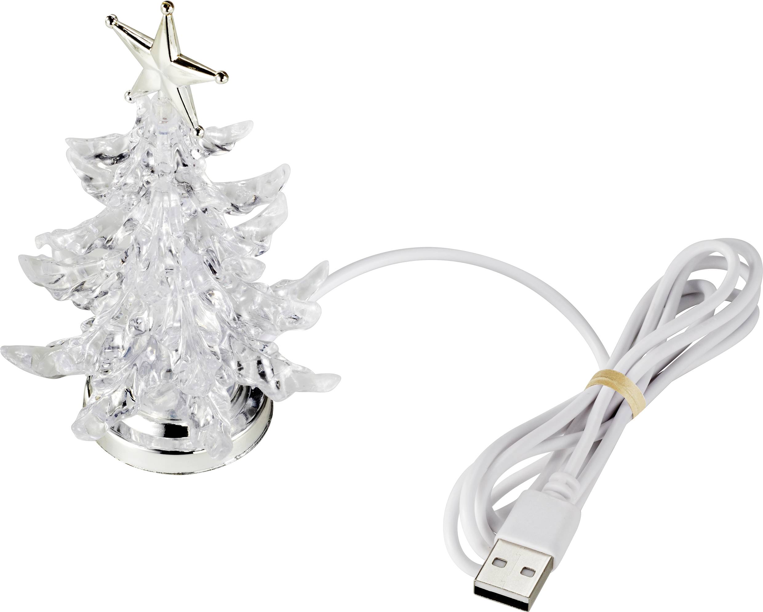 Een kleine, doorzichtige kerstboom met ster, verbonden met een USB-kabel, fungeert als decoratieve lamp.