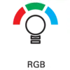 'Symbool in zwart-wit: Gloeilamp met gebogen lijnen erboven die RGB voorstellen.'