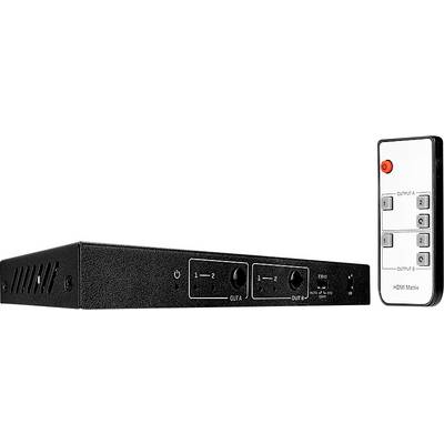 Een HDMI Matrix Switch met afstandsbediening. Het apparaat heeft aansluitingen voor uitgang 1 en 2. De afstandsbediening heeft knoppen voor vier uitgangen.