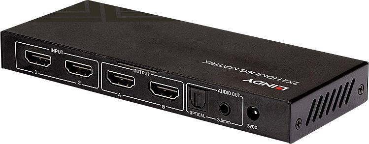 Elektronisch apparaat: LINDY HDMI 2.0-matrix met twee ingangen, twee uitgangen en audio-uitgang, geschikt voor videoverdeling.