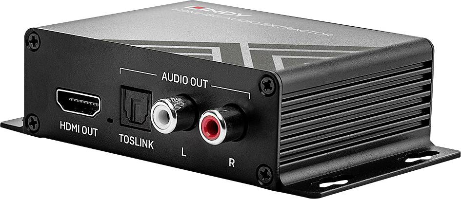 Een digitale audio-adapter met HDMI-uitgang, Toslink-aansluiting en analoge audio-uitgang (links en rechts).