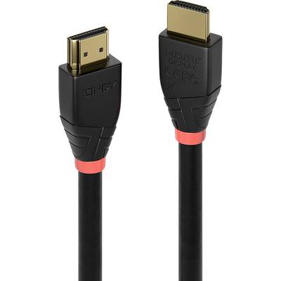 Een zwarte HDMI-kabel met gouden aansluitingen waarop 'HDMI Display' en 'Lindy' staat geschreven.
