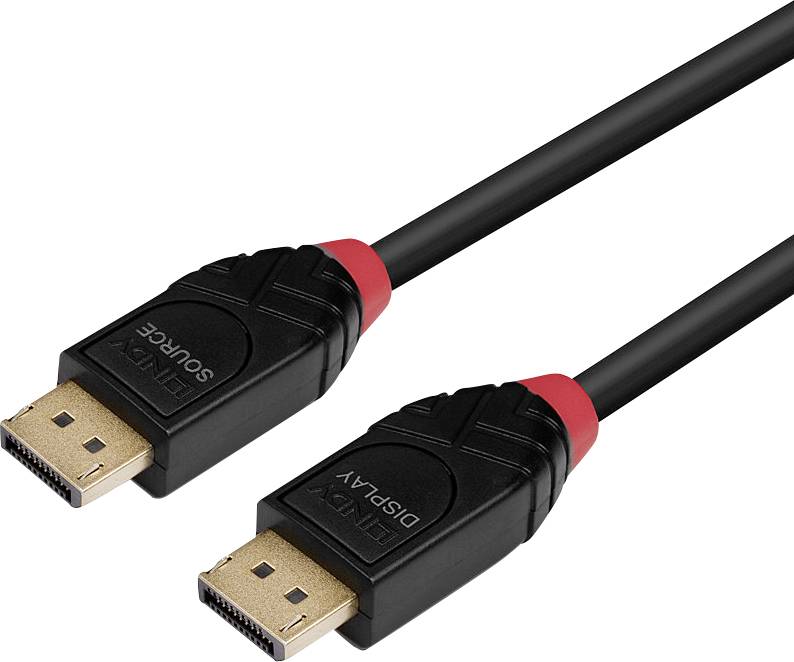 Twee zwarte DisplayPort-kabels met rode uiteinden liggen op een witte achtergrond. Ze zijn geschikt voor het aansluiten van beeldschermen.