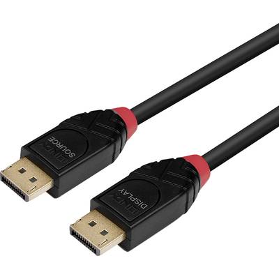 Twee zwarte DisplayPort-kabels met rode uiteinden liggen op een witte achtergrond. Ze zijn geschikt voor het aansluiten van beeldschermen.