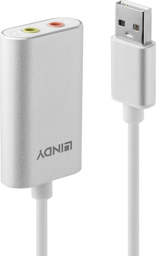 Externe USB-geluidskaart met zilveren behuizing, twee audio-aansluitingen (groen voor koptelefoon, oranje voor microfoon) en USB-stekker.