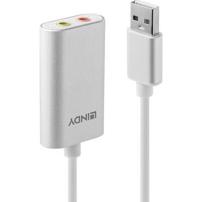 Externe USB-geluidskaart met zilveren behuizing, twee audio-aansluitingen (groen voor koptelefoon, oranje voor microfoon) en USB-stekker.