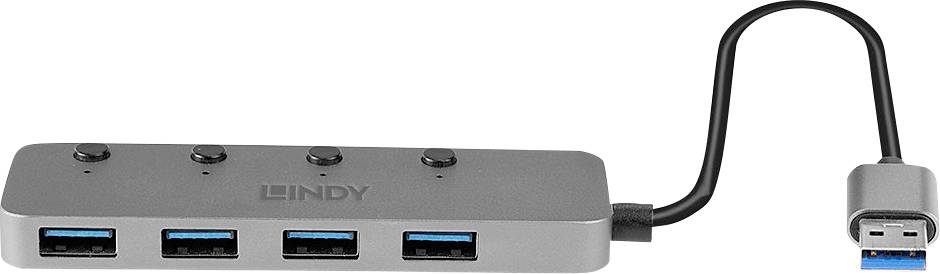 Een grijze USB-hub met vier USB-poorten en vier aan/uit-knoppen. De hub is via een kabel met een USB-stekker aangesloten.