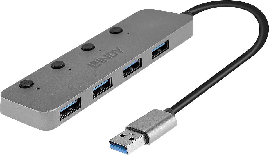 USB-hub met vier USB-poorten; slanke, zilveren behuizing; kort, zwart aansluitkabel. Merknaam 'Lindy' opgedrukt.