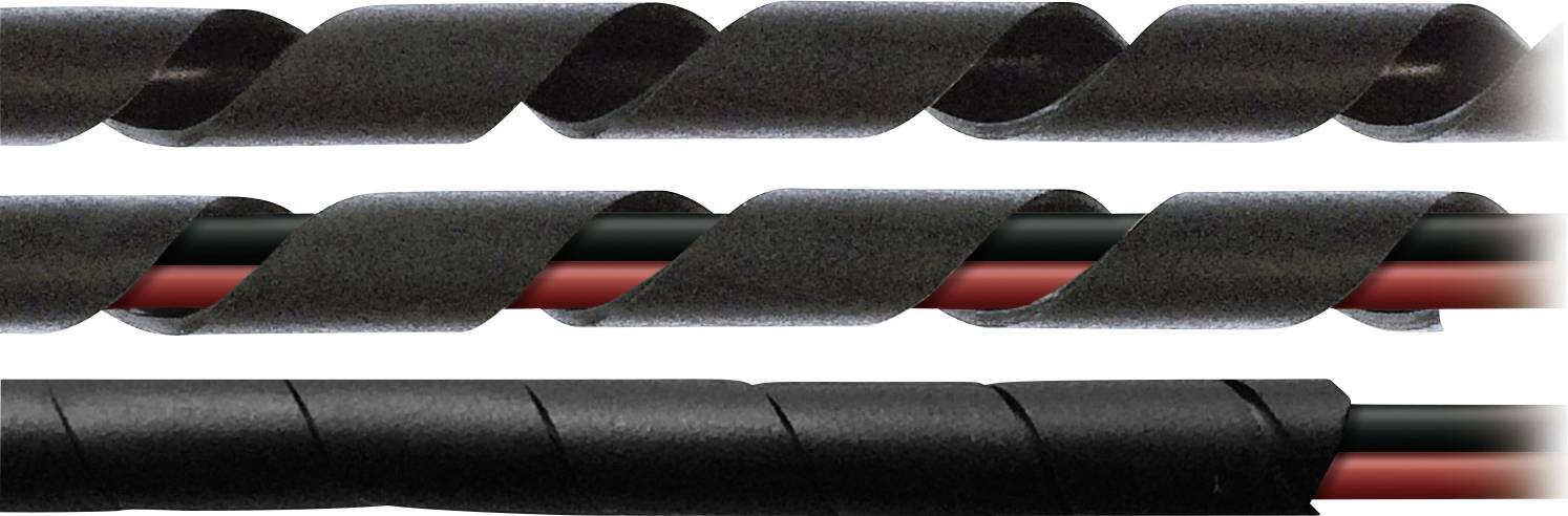 'Zwarte kabelspiraal' omhult rode en zwarte kabels. Dient voor het bundelen en netjes organiseren van kabels.