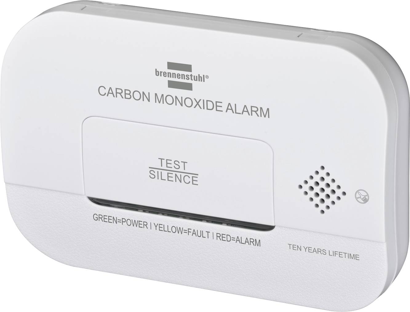 Witte Brennenstuhl koolmonoxide-alarm met 'TEST/SILENCE'-knop, spreker-rooster en indicatorlabels voor groene voeding, gele fout en rood alarm.