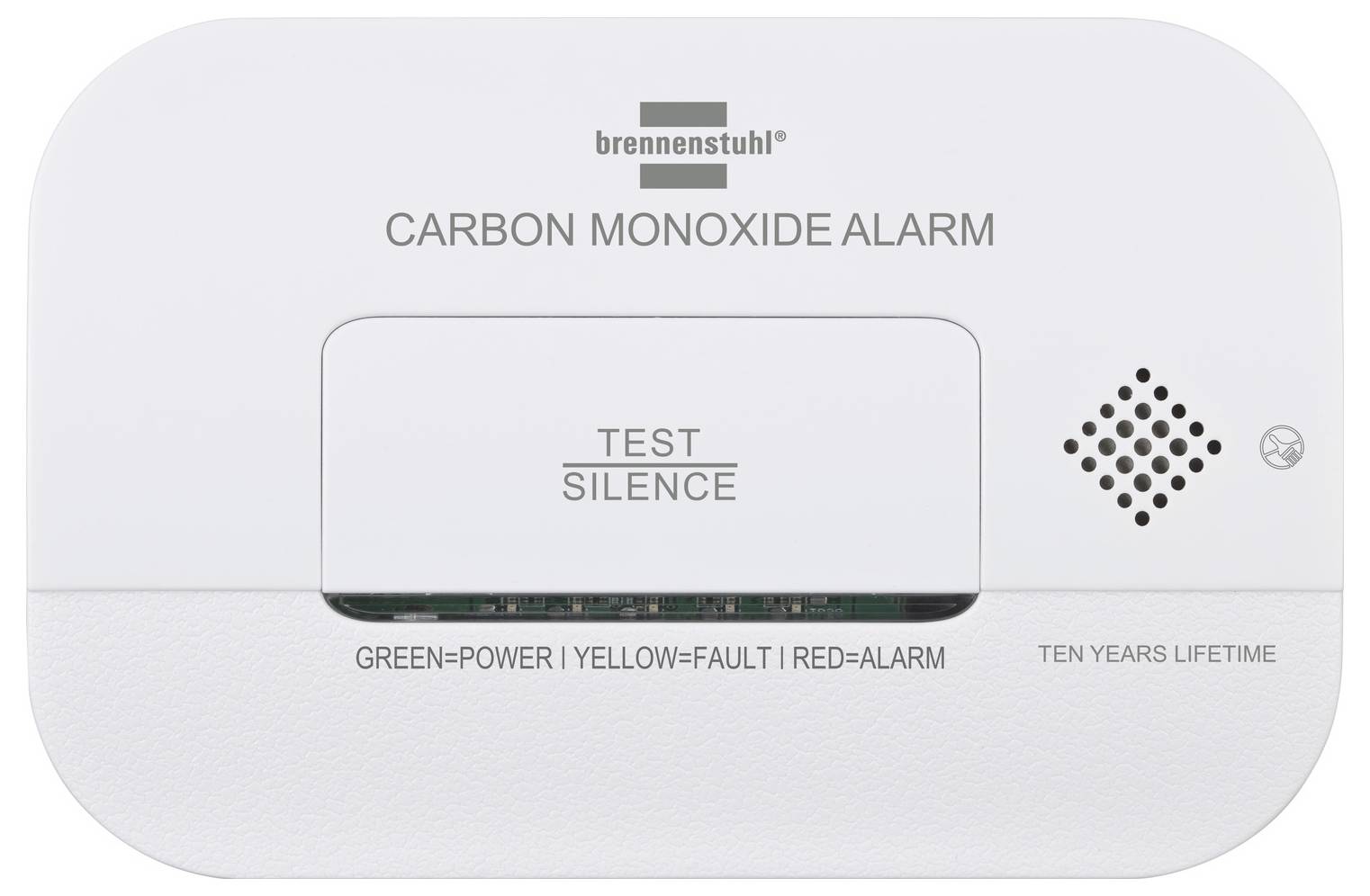 Witte Brennenstuhl koolmonoxide-alarm met 'TEST SILENCE'-knop, luidsprekerspleet en statusaanduidingen voor groene voeding, gele fout en rood alarm.