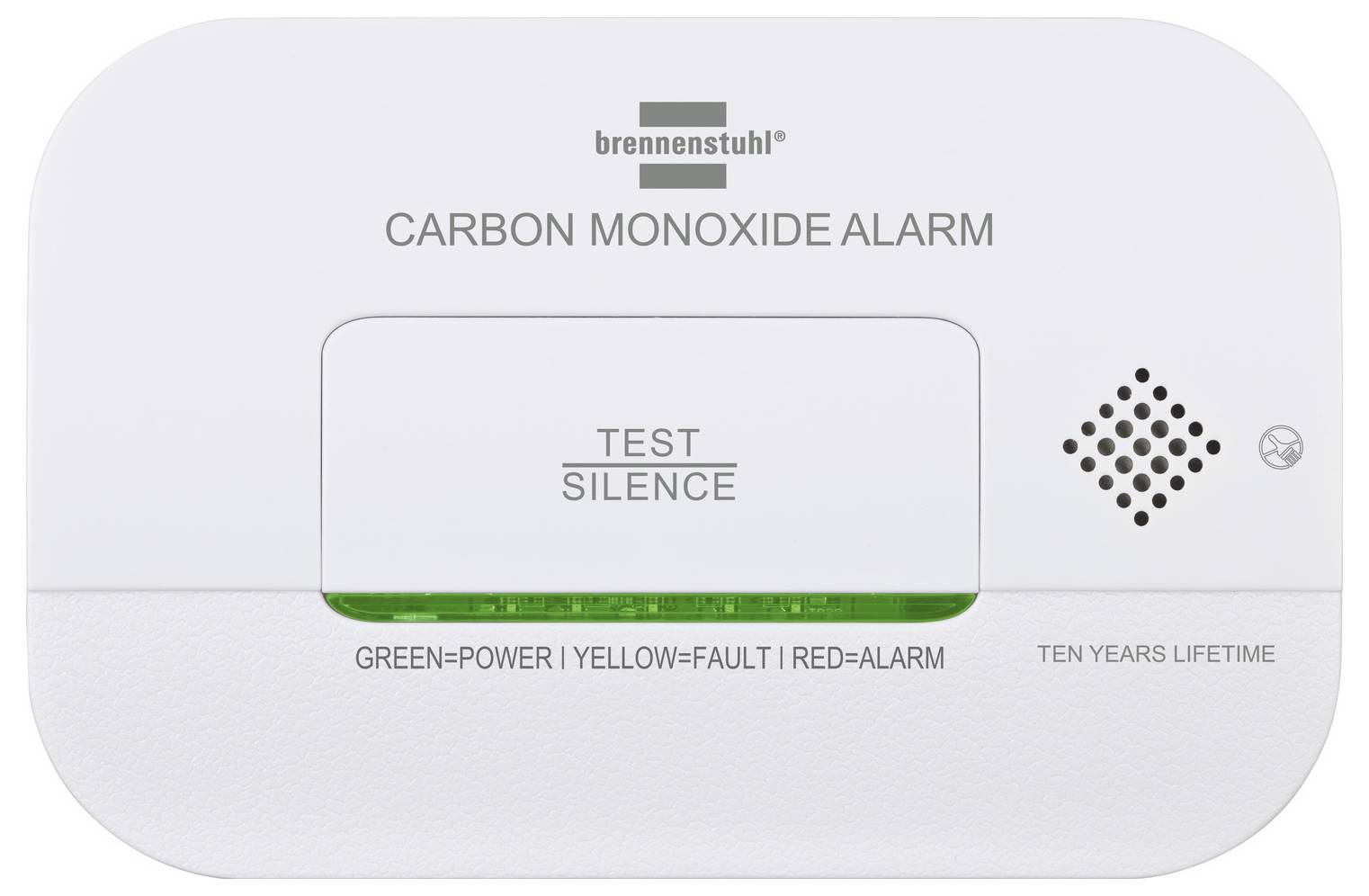 Witte Brennenstuhl koolmonoxide-melder met 'Test Silence'-knop, luidsprekergaas en statuslabels voor groen stroomvoorziening, geel storing en rood alarm.
