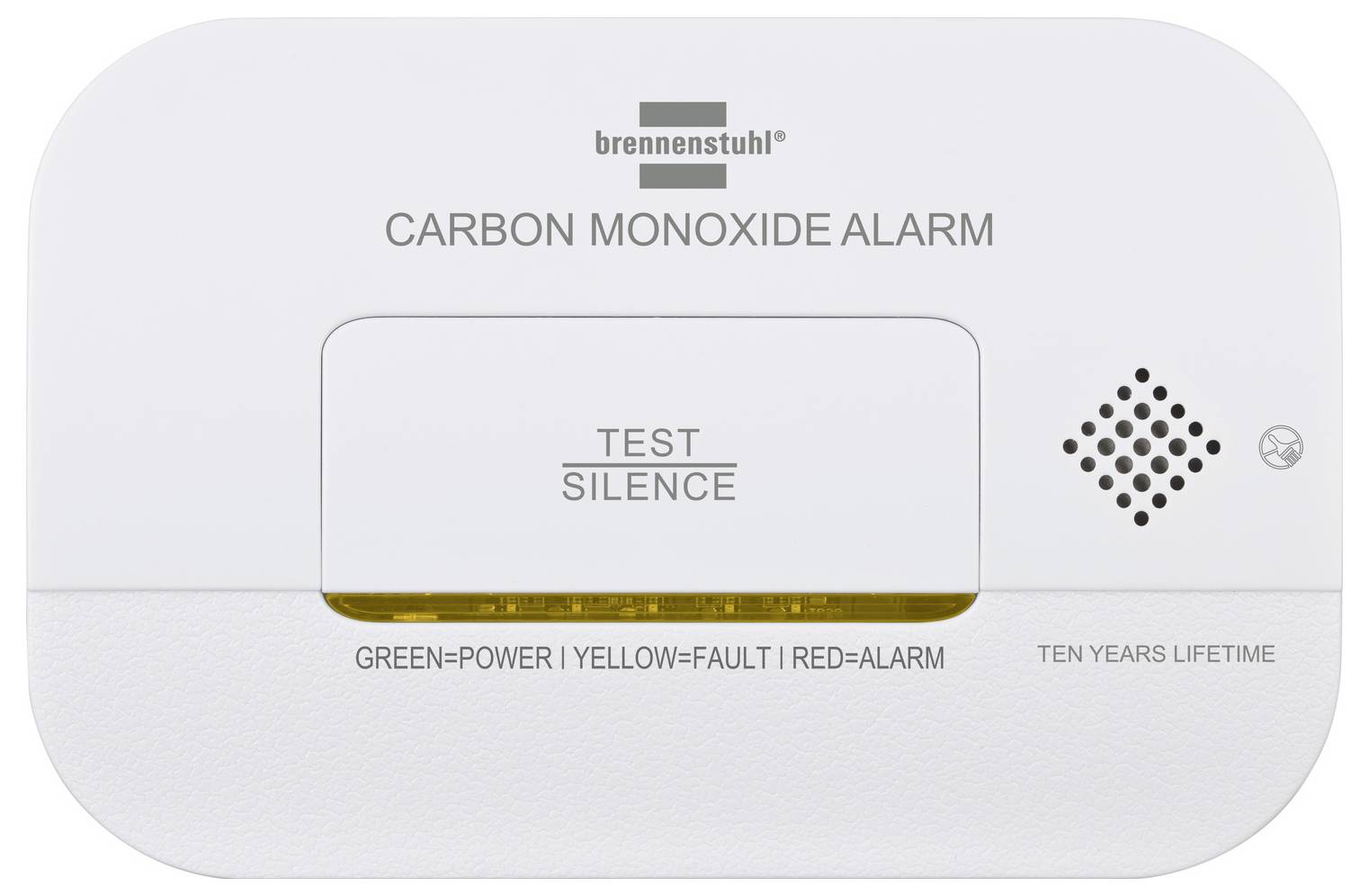 Witte Brennenstuhl koolmonoxide-alarm met 'TEST/SILENCE'-knop, luidsprekergaas en indicatorlabels voor voeding, storing en alarm.