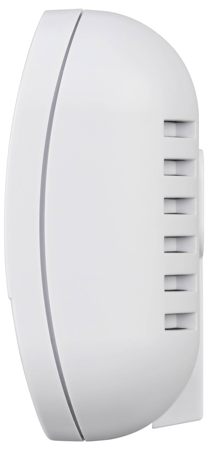 Wit aan de muur gemonteerd apparaat met ventilatieopeningen aan de zijkant, waarschijnlijk een sensor, alarm of bedieningseenheid.