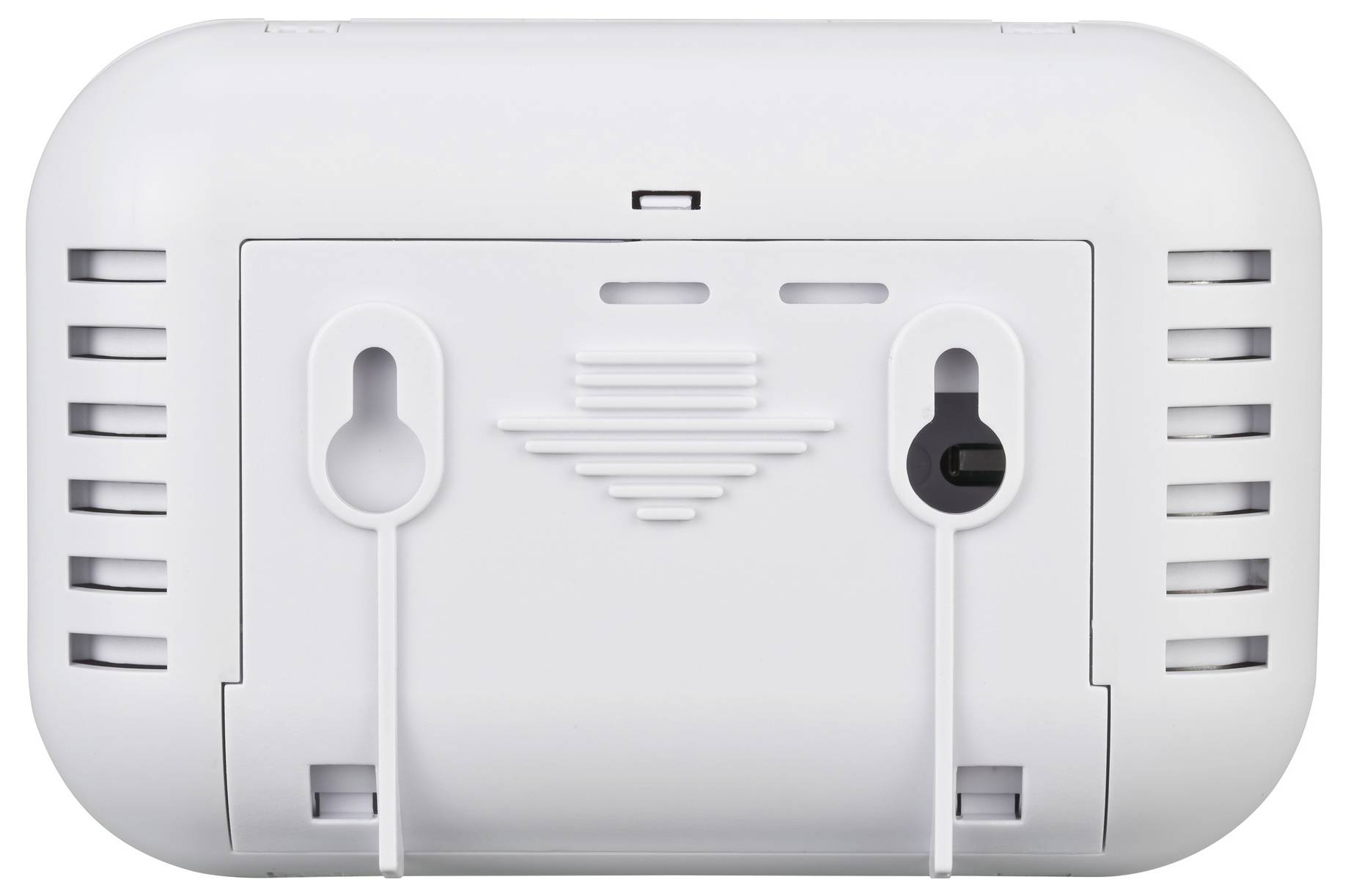 Achterkant van een wit elektronisch apparaat met een centraal toegangspaneel, wandbevestigingssleuven, ventilatieopeningen en een kleine vergrendelingschakelaar.