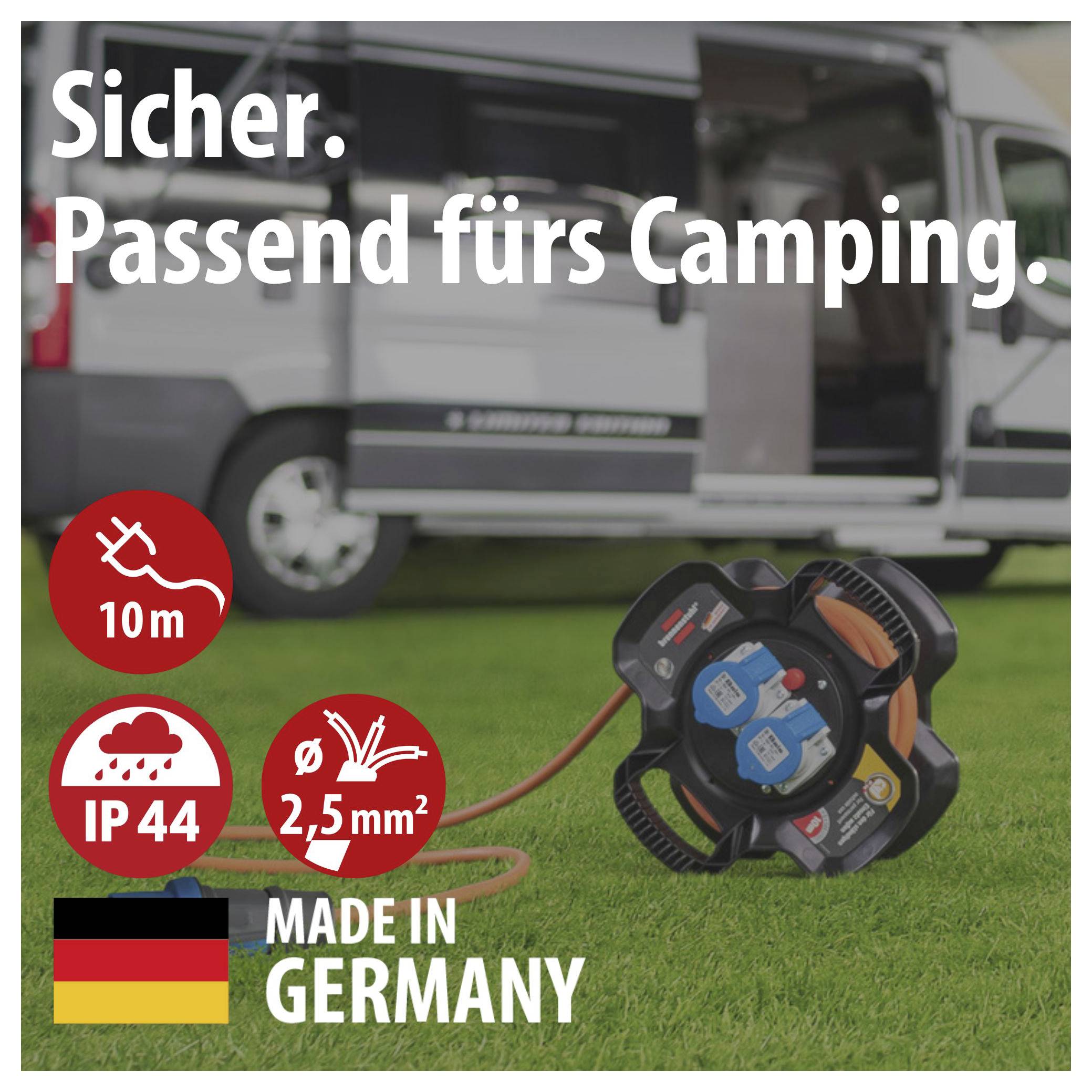 Advertentieafbeelding van een kabeloproller voor een camper met tekst 'Veilig. Geschikt voor kamperen.', symbolen voor 10 m, IP44, 2,5 mm² en 'Made in Germany'.