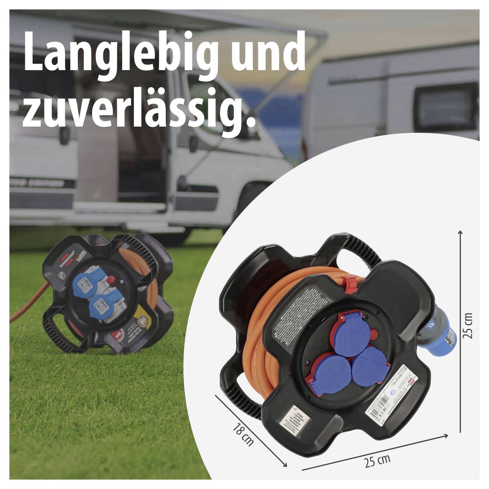 Productreclame voor een kabelslinger met de tekst 'Duurzaam en betrouwbaar.'; toont twee aanzichten van het product en de afmetingen 18 cm × 25 cm × 25 cm.