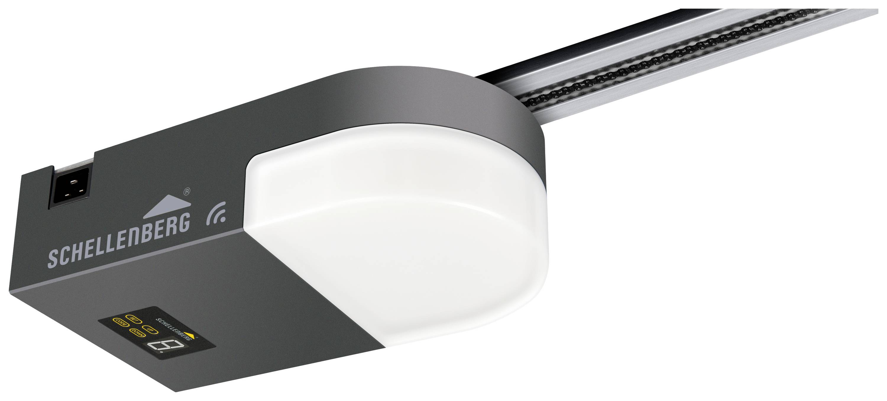 Een elektrische garagedeuropener van Schellenberg, grijs-wit, gemonteerd op een rail, met verlicht display en logo.