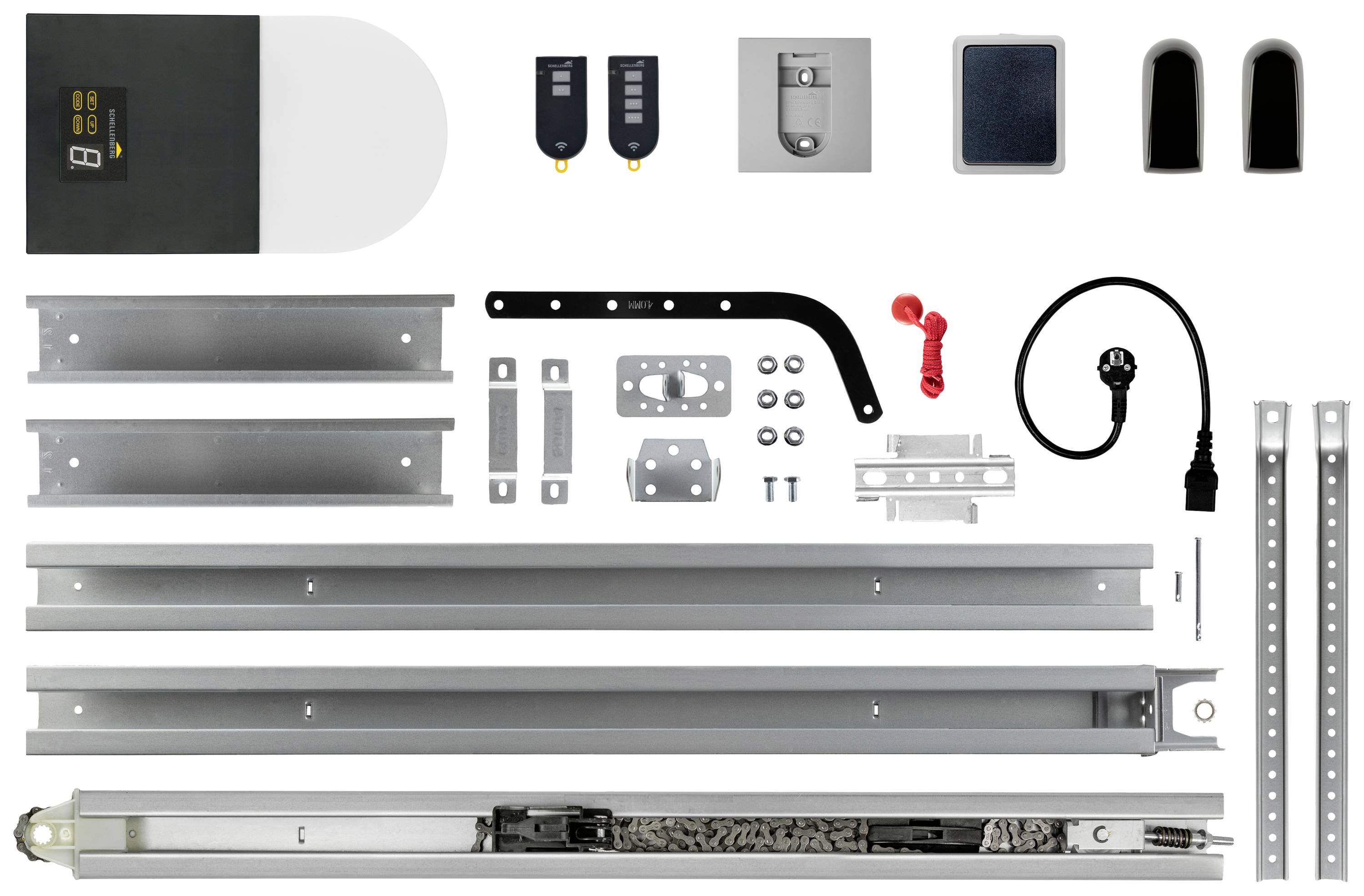 Een compleet set voor de montage van een automatische garagedeuropener, inclusief geleiders, motor, afstandsbedieningen en bevestigingsmaterialen.