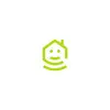 Groen, gestileerd huis-logo met lachend gezicht en golvende lijnen eronder, symboliseert thuis en technologie.