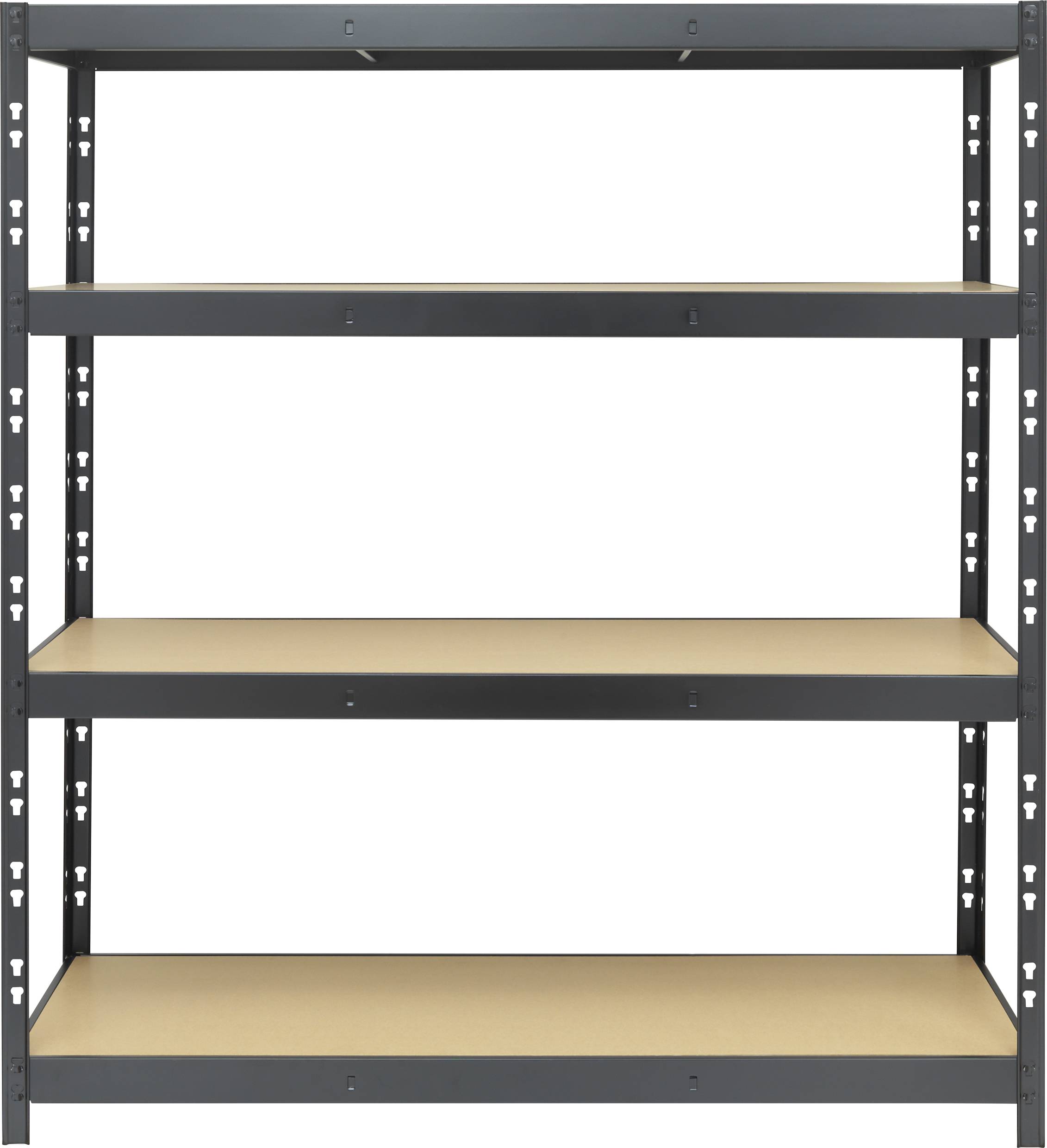 Een leeg metalen rek met vier planken, gelijkmatig verdeeld. Het staat vrijstaand en biedt ruimte voor opslagdoeleinden.