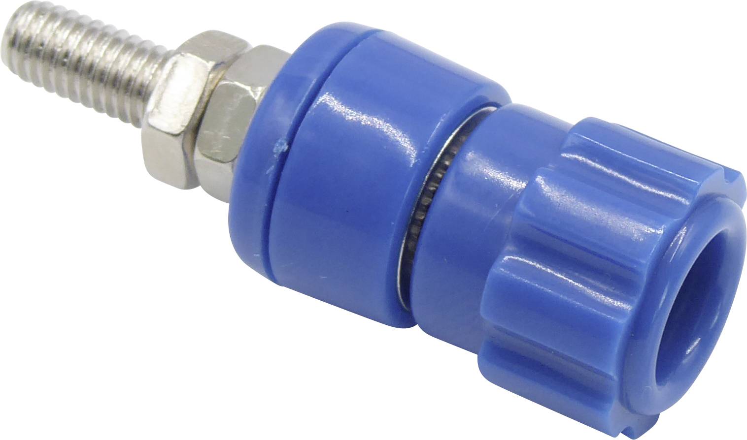 Blauwe metalen en kunststof schroefverbinding, geschikt voor industriële buissystemen of elektronische aansluitingen.