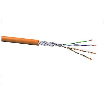 Een oranje Ethernet-kabel met blootgelegde, getwiste aderparen en afscherming, geschikt voor netwerkverbindingen.