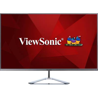 Afbeelding van een computermonitor met een rode achtergrond en het 'ViewSonic'-logo links, naast drie kleine vogels in felle kleuren.