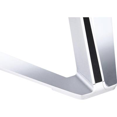 Close-up van een zilveren metalen standaard met een modern design en strakke lijnen, mogelijk onderdeel van een elektronisch apparaat of meubelstuk.