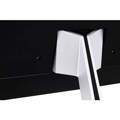 Een zilveren monitorstandaard aan de achterkant van een zwart beeldscherm, toont details van de bevestiging en modern design.