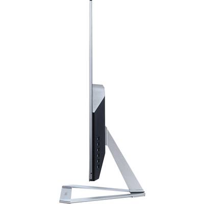 Een zijdelingse blik op een ultraplatte monitor met een modern voetstuk. Het scherm is zeer smal en elegant vormgegeven.
