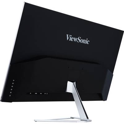 Achterzijde van een ViewSonic-monitor met een zwarte behuizing en zilveren standaard. Het bedrijfslogo is duidelijk zichtbaar afgedrukt.