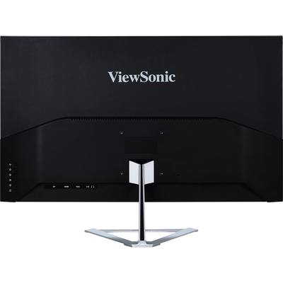 Achterzijde van een ViewSonic-monitor met zwarte behuizing en zilveren standaard.