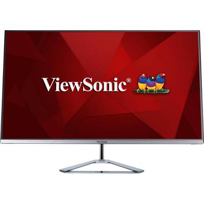 Een computermonitor van ViewSonic met een rode achtergrond en kleurrijke vogels rechts naast de merknaam.