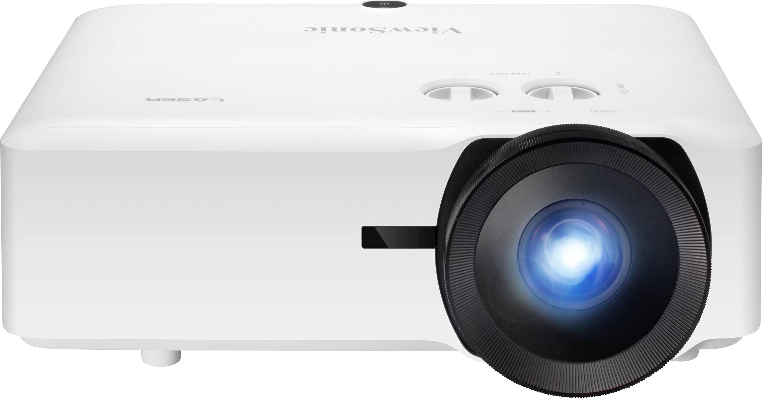 'Een witte projector met een lichtgevende lens, gezien van voren. Op de bovenkant bevinden zich bedieningsknoppen.'