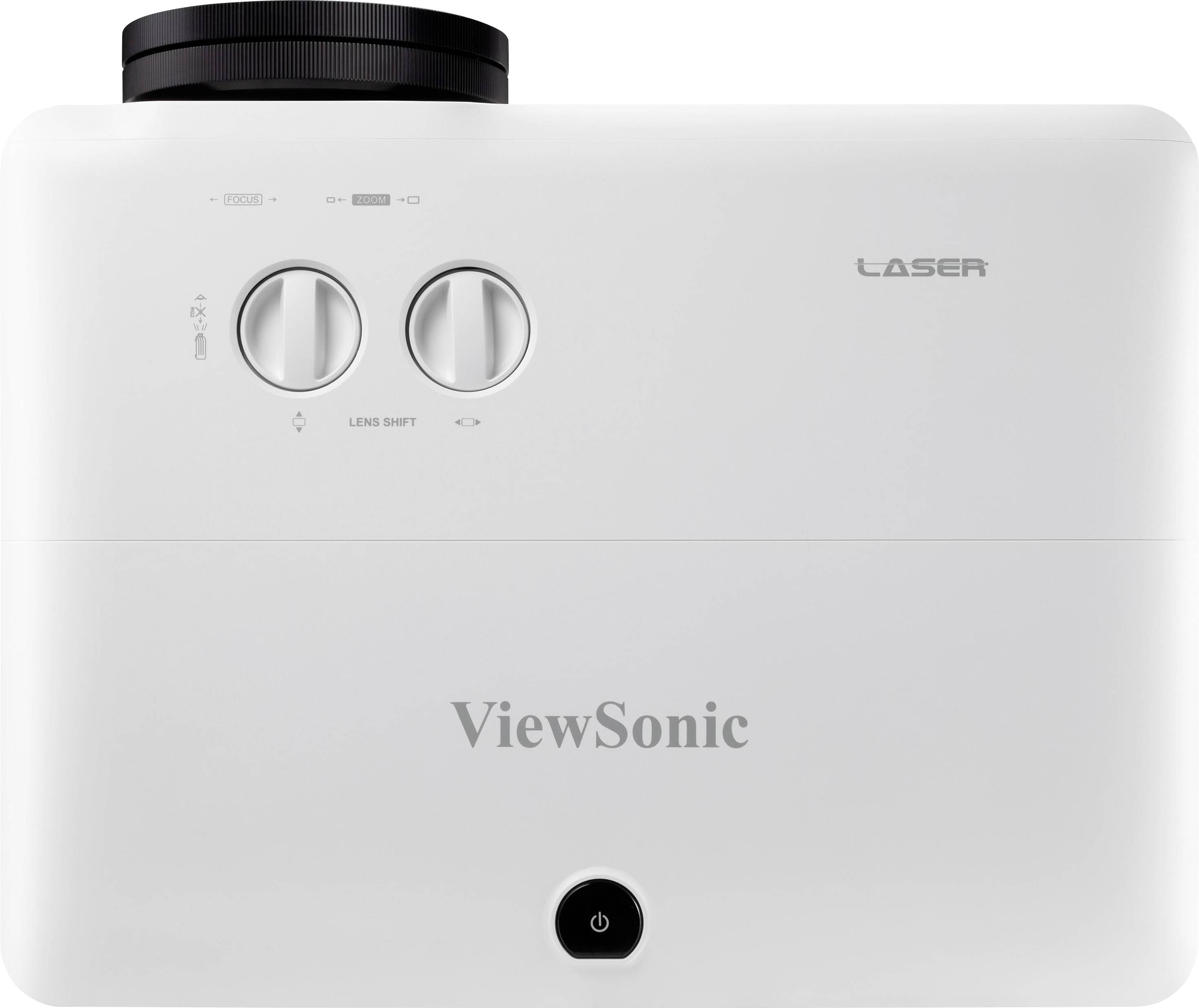 Een witte ViewSonic laserprojecter met twee draaiknoppen voor lensverplaatsing en scherpstelling.