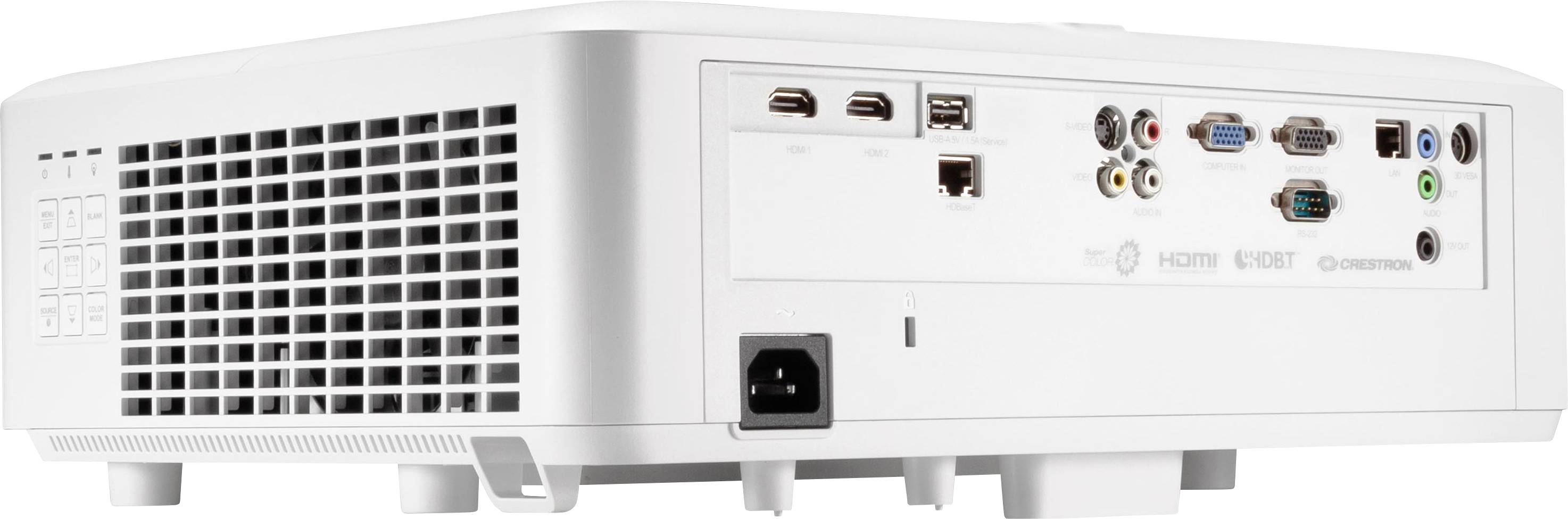 Een projector met meerdere aansluitingen, waaronder HDMI, USB en VGA, aan de achterkant.