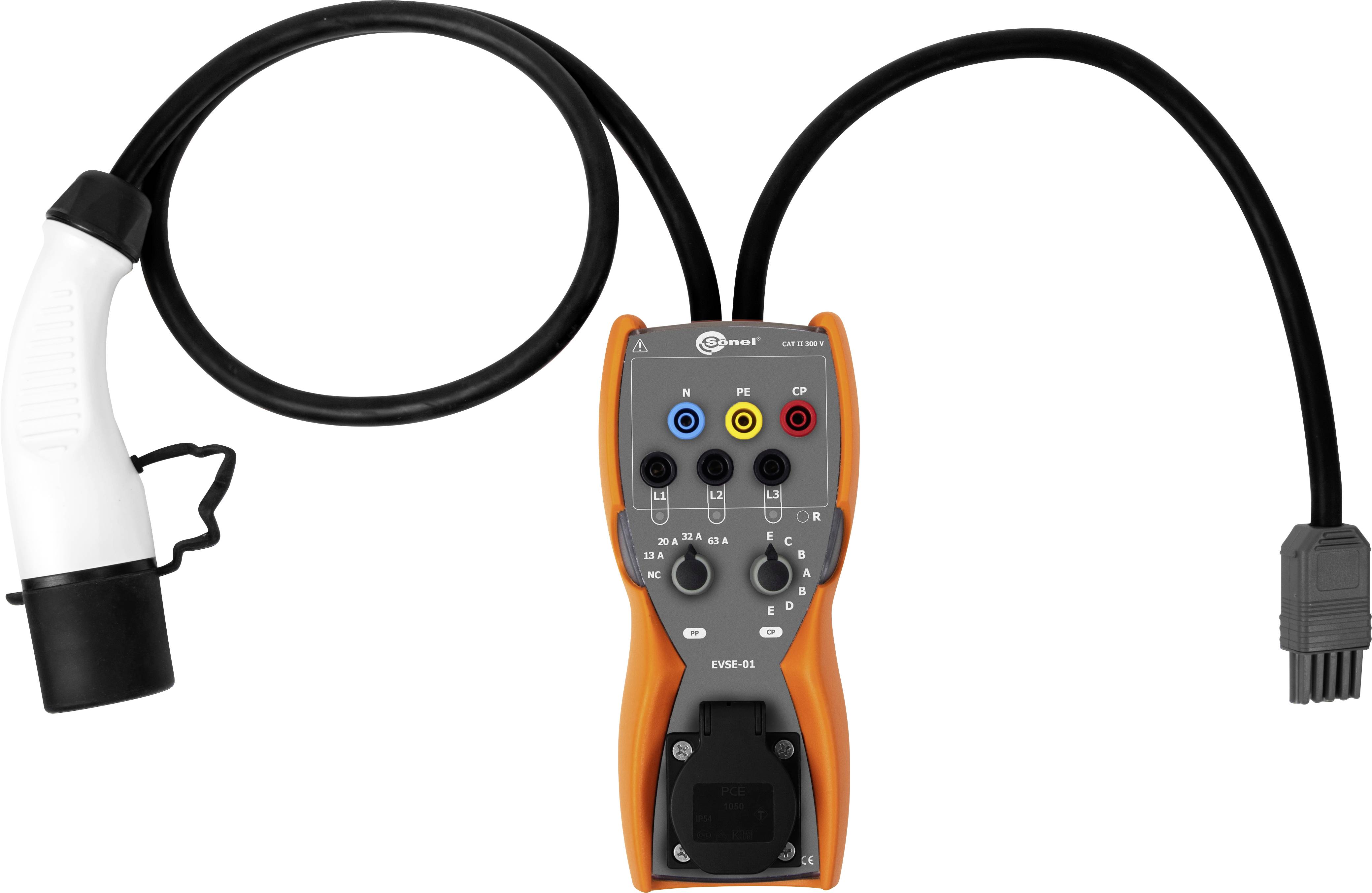 Een oranje testapparaat voor elektrische voertuigopladers met kabels en aansluitingen om de laadfunctionaliteit te testen.