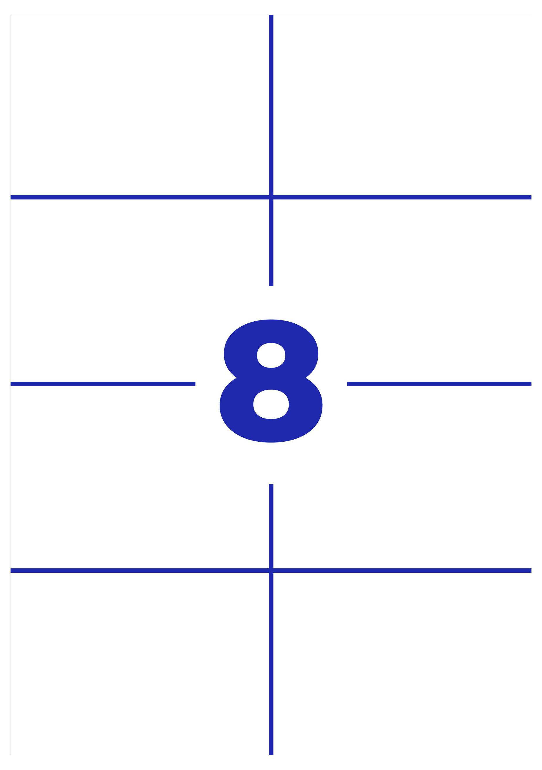 Gecentreerd blauw getal '8' op witte achtergrond met dunne blauwe lijnen als raster.