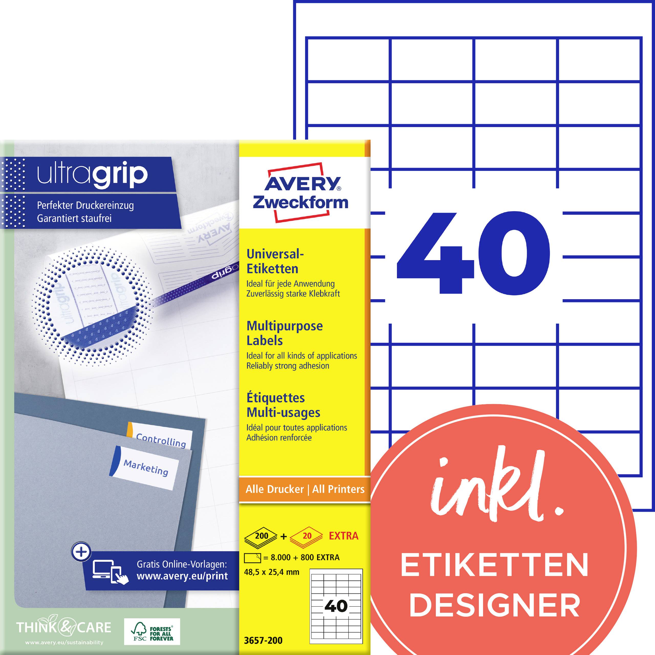 Avery Zweckform multifunctioneel etiketpakket voor alle printers, met 40 etiketten en bijbehorende 'Etiketten Designer' software.